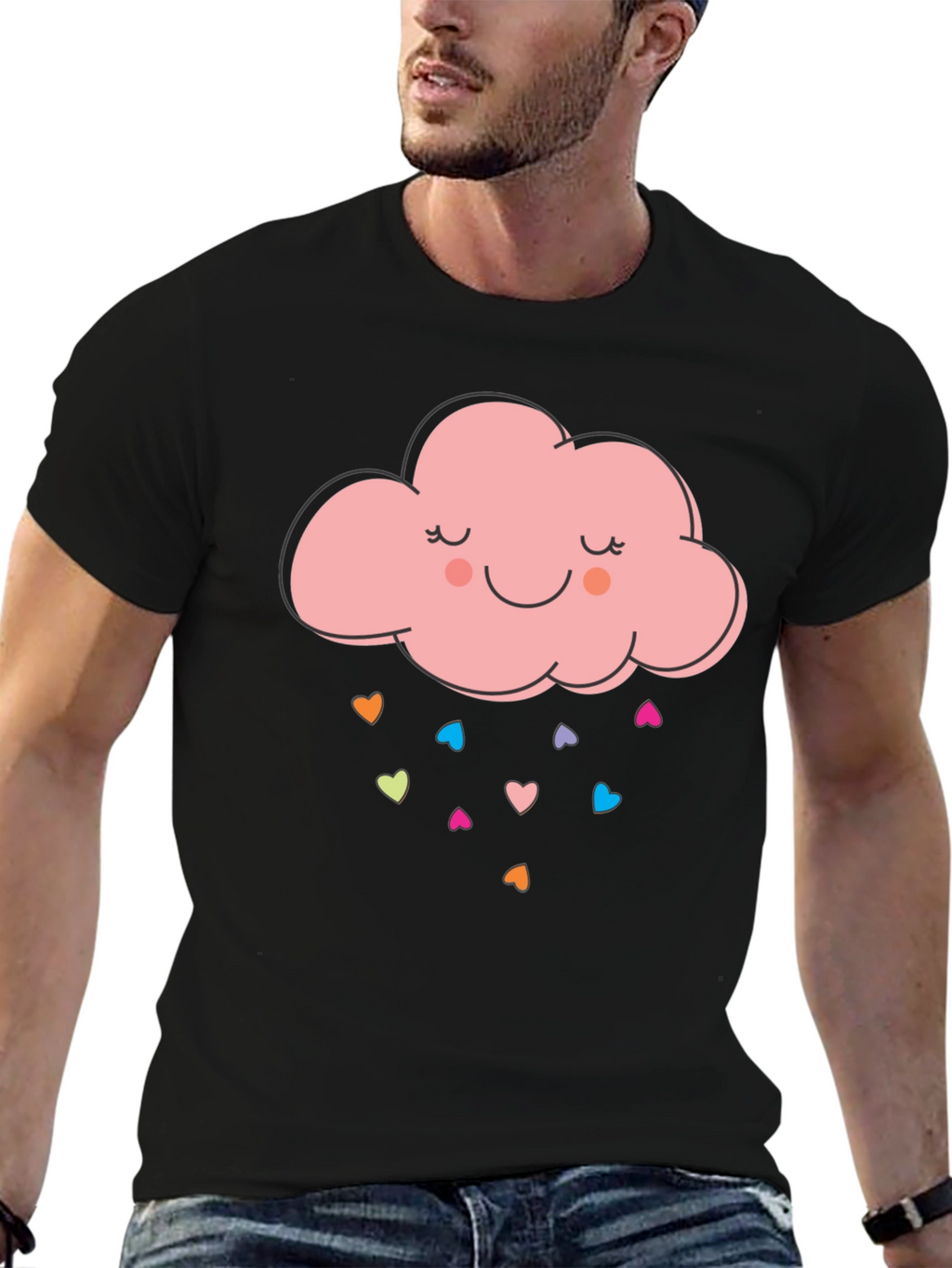 Cute Cloud Heart Rain Graphic Tee - Black