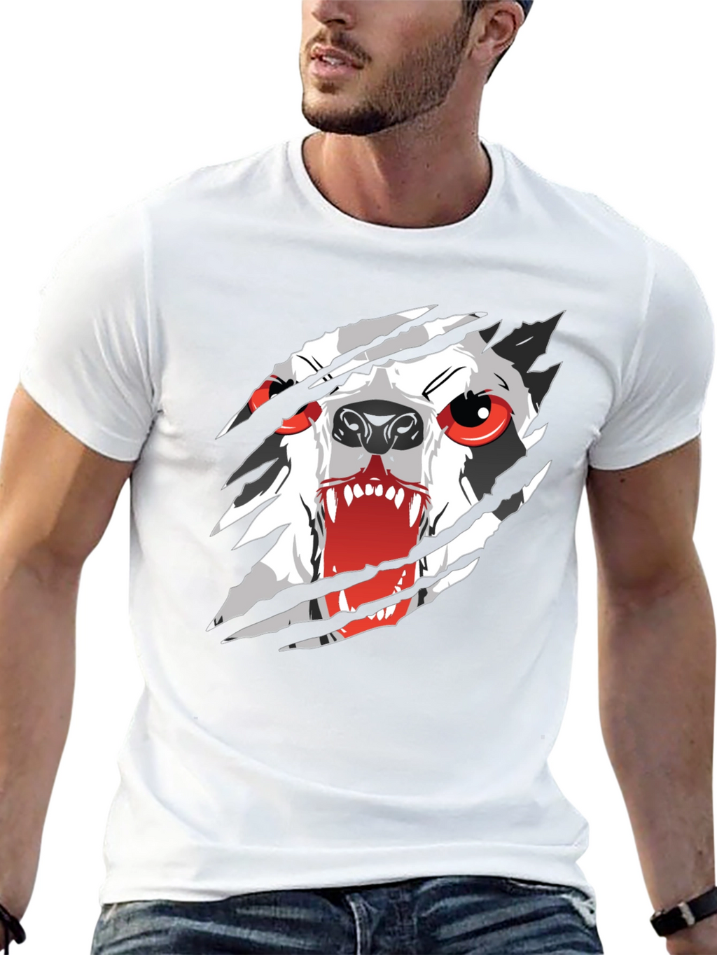 Mens Black T-Shirt with Ripping Wolf Graphic