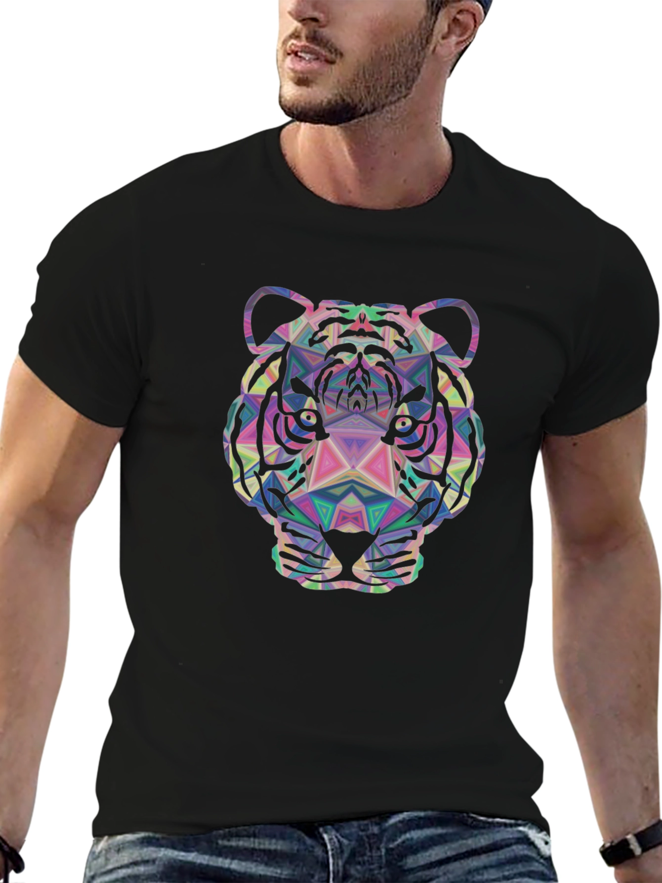 Geometric Tiger Graphic Tee - Stylish Mens Black T-Shirt