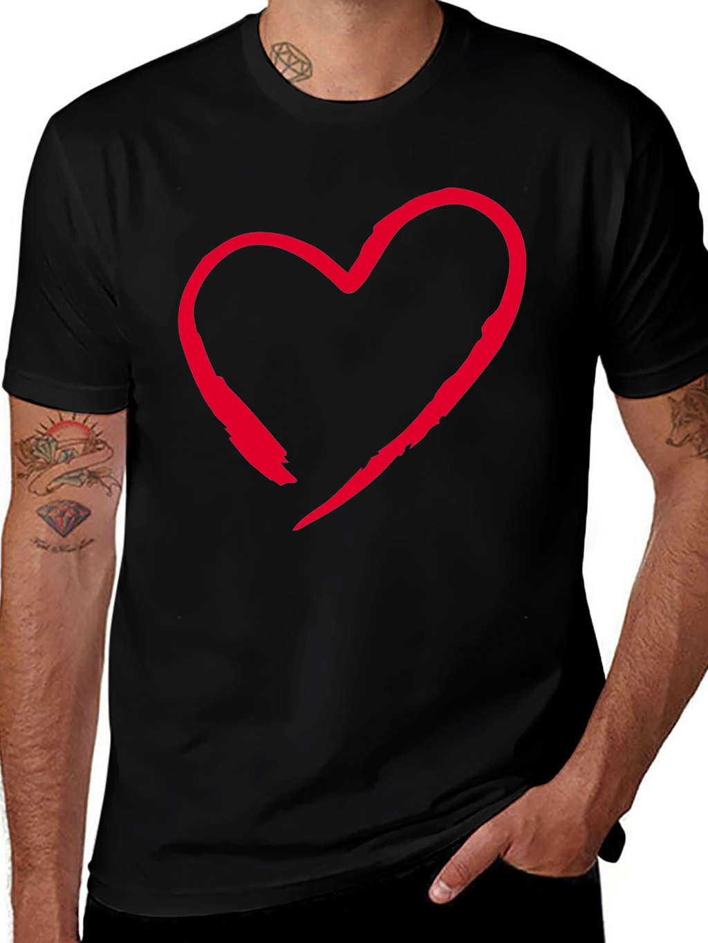 Red Heart Graphic Black T-Shirt Casual Style