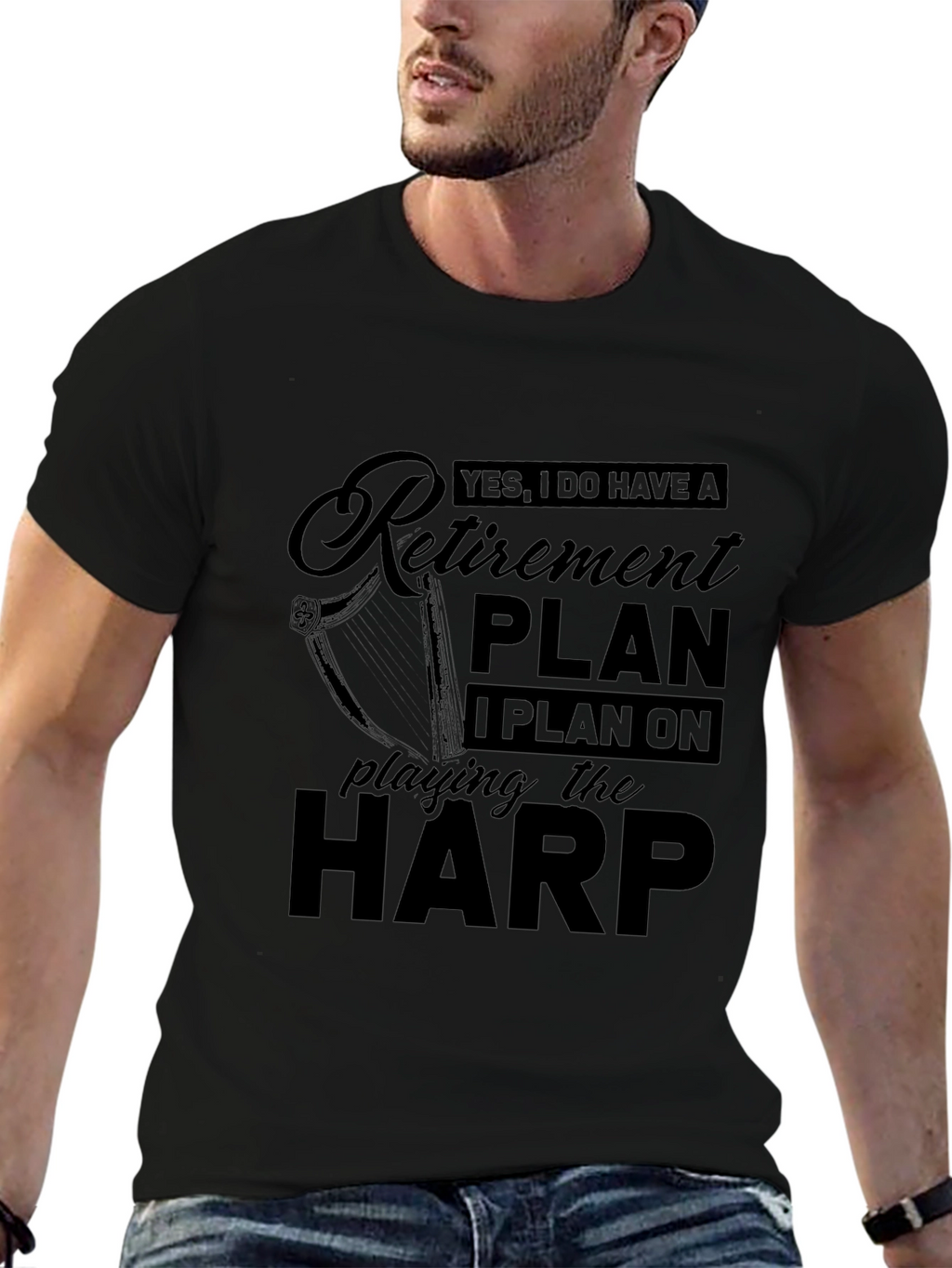 Retirement Plan Harp Player Black T-Shirt