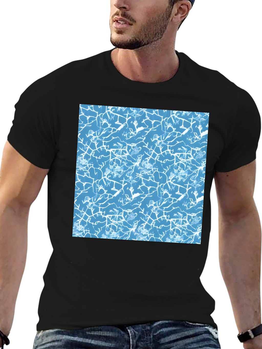 Blue Crackle Print Black T-Shirt