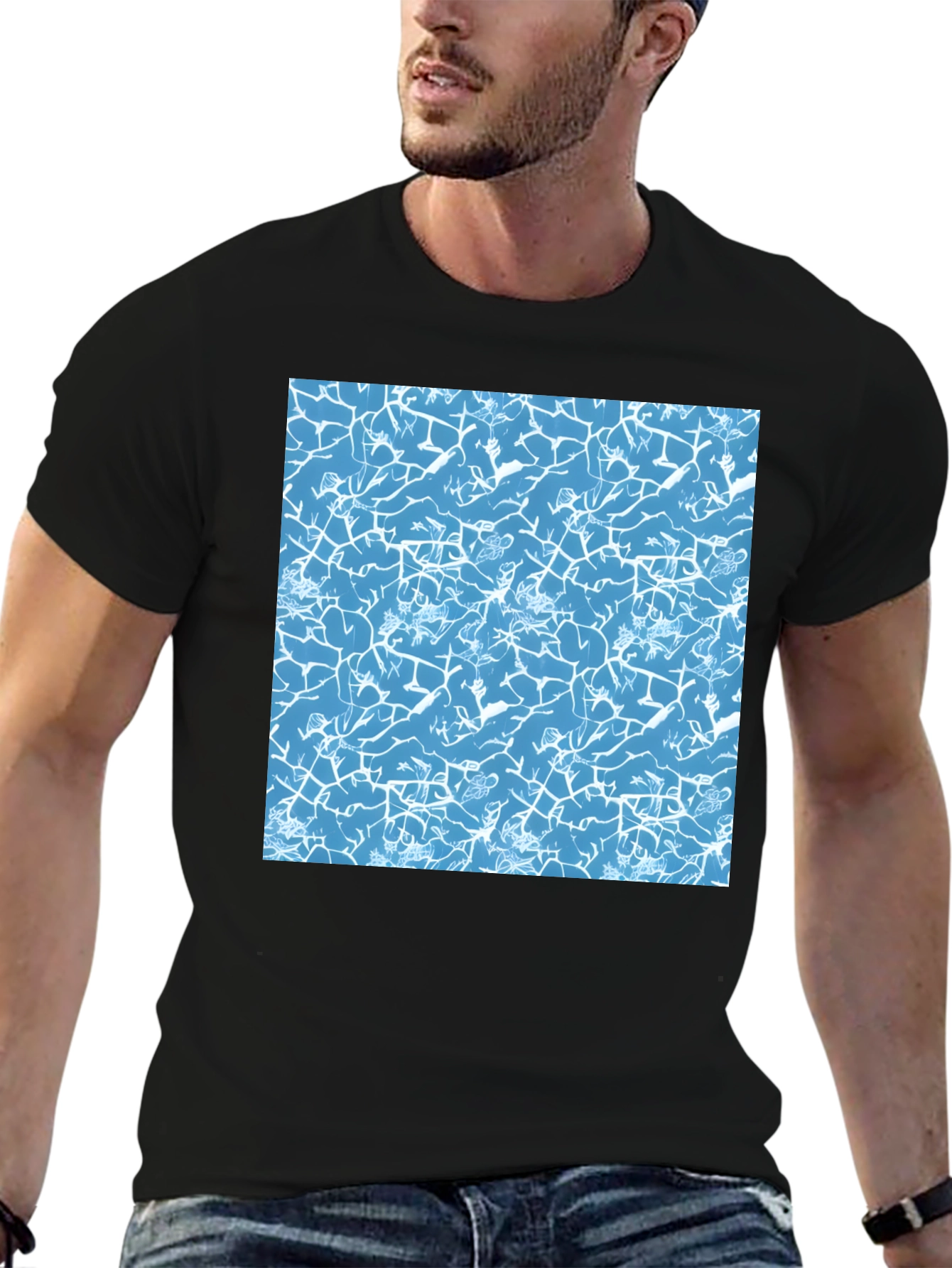 Blue Crackle Print Black T-Shirt