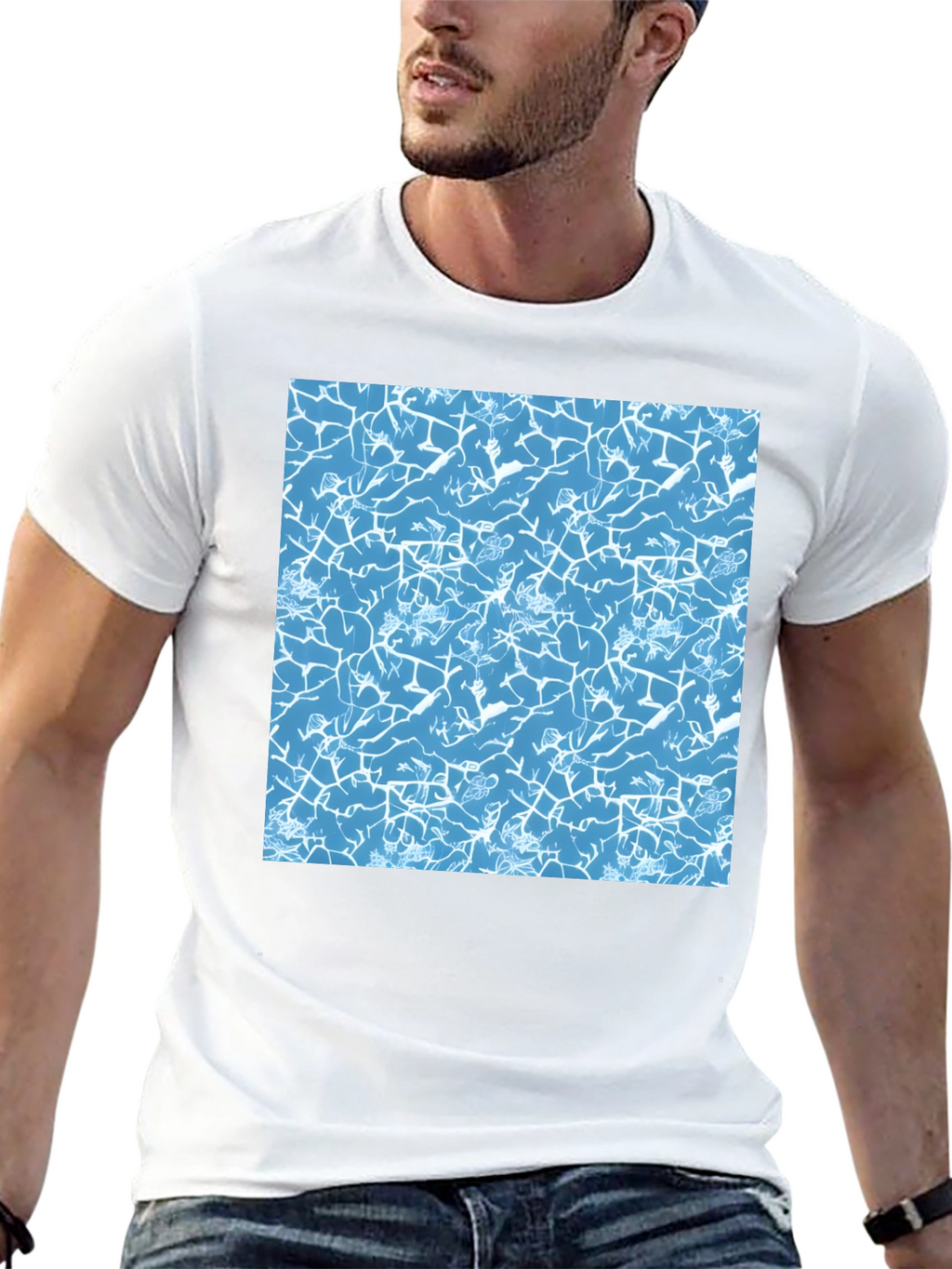 Blue Crackle Print Black T-Shirt