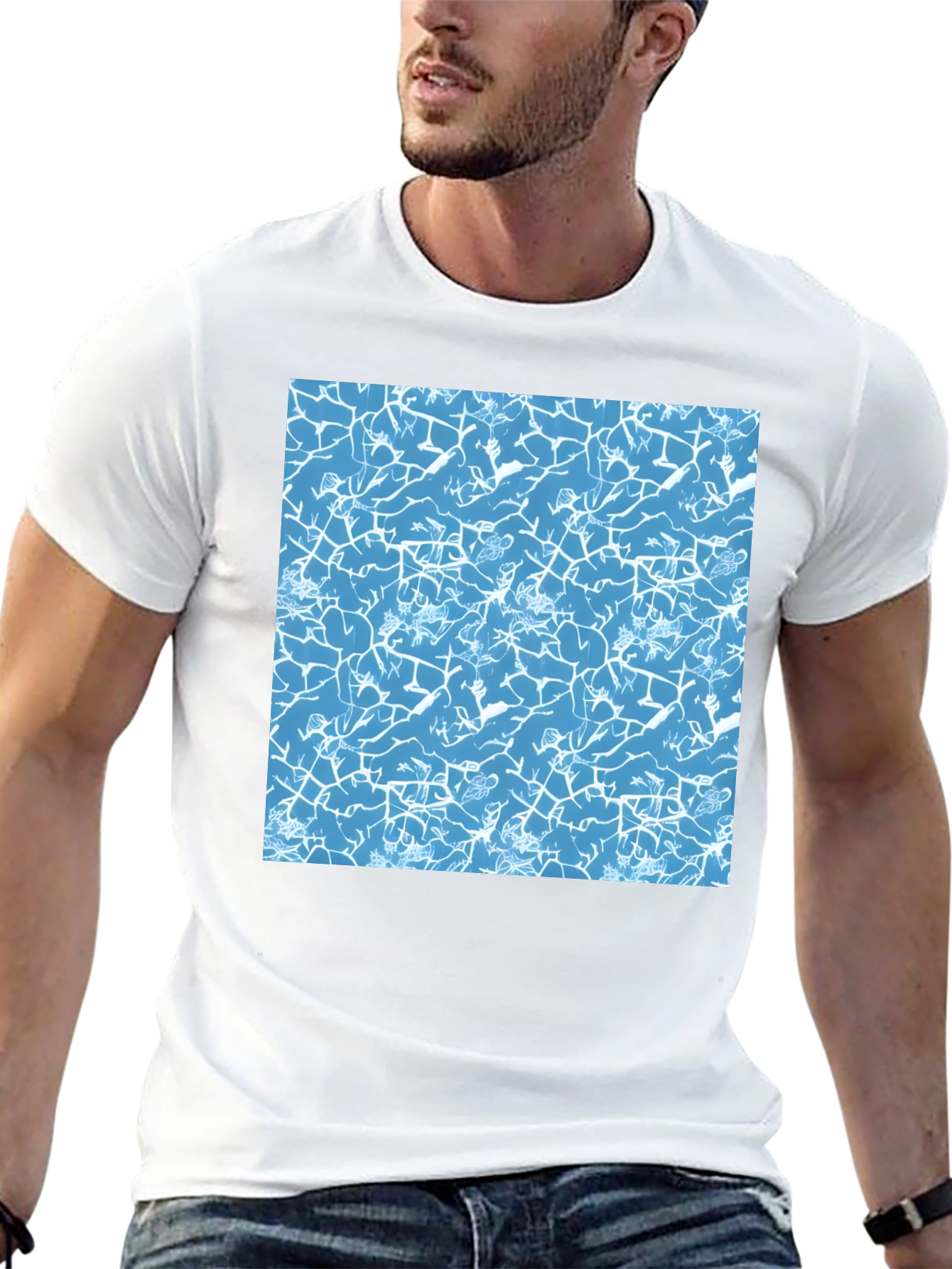 Blue Crackle Print Black T-Shirt