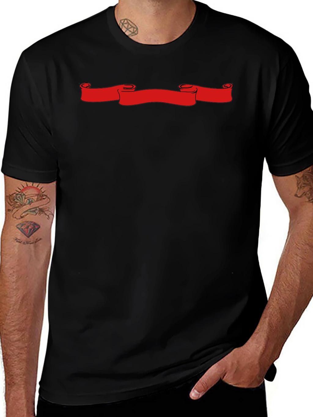 Black T-Shirt with Red Scroll Graphic