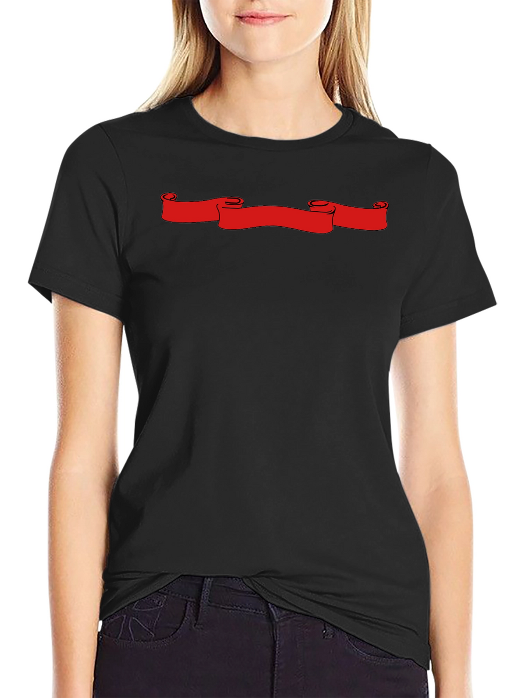 Black T-Shirt with Red Scroll Graphic