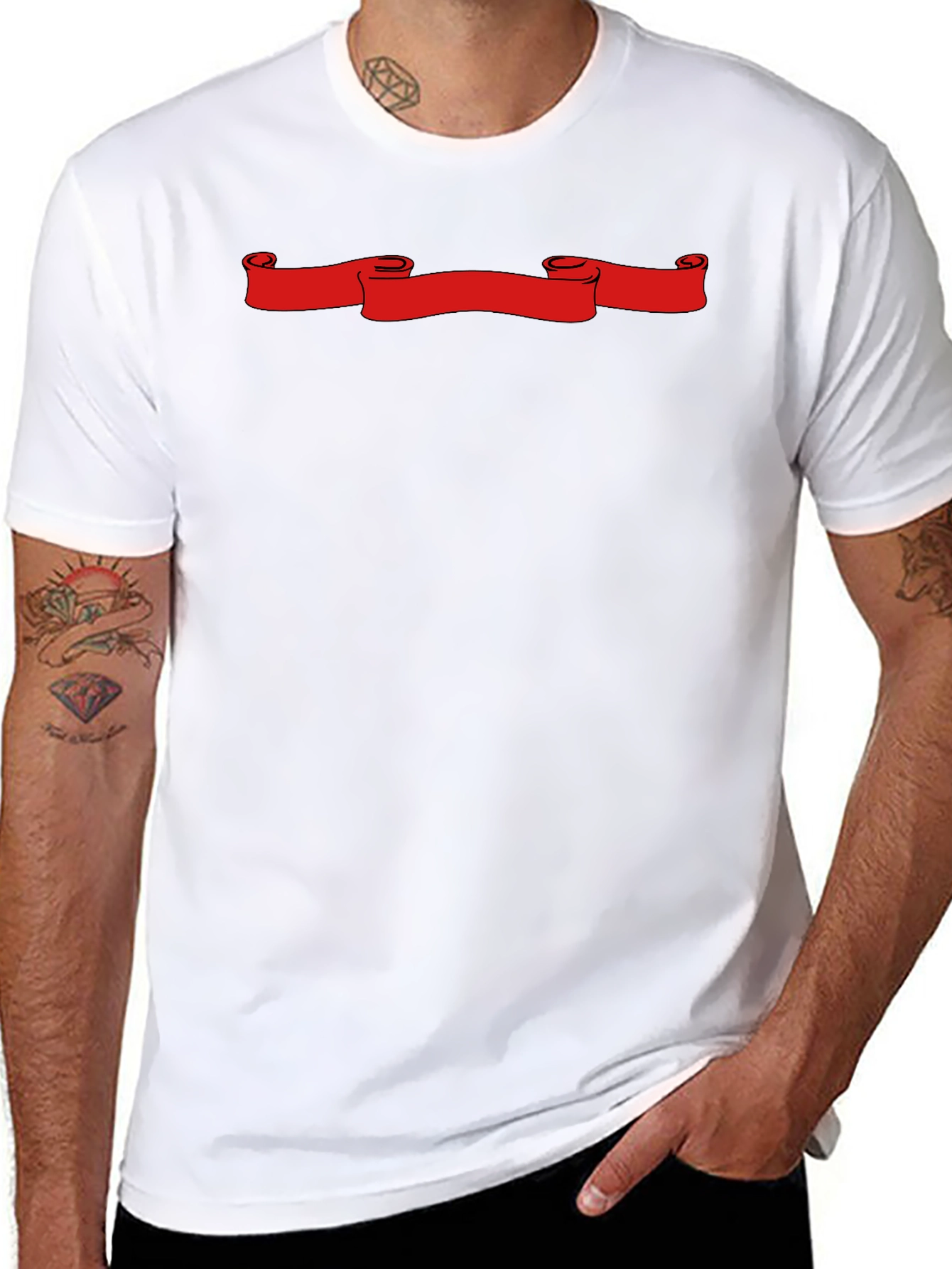 Black T-Shirt with Red Scroll Graphic