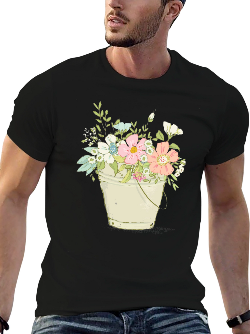 Floral Bucket T-Shirt - Black Graphic Tee
