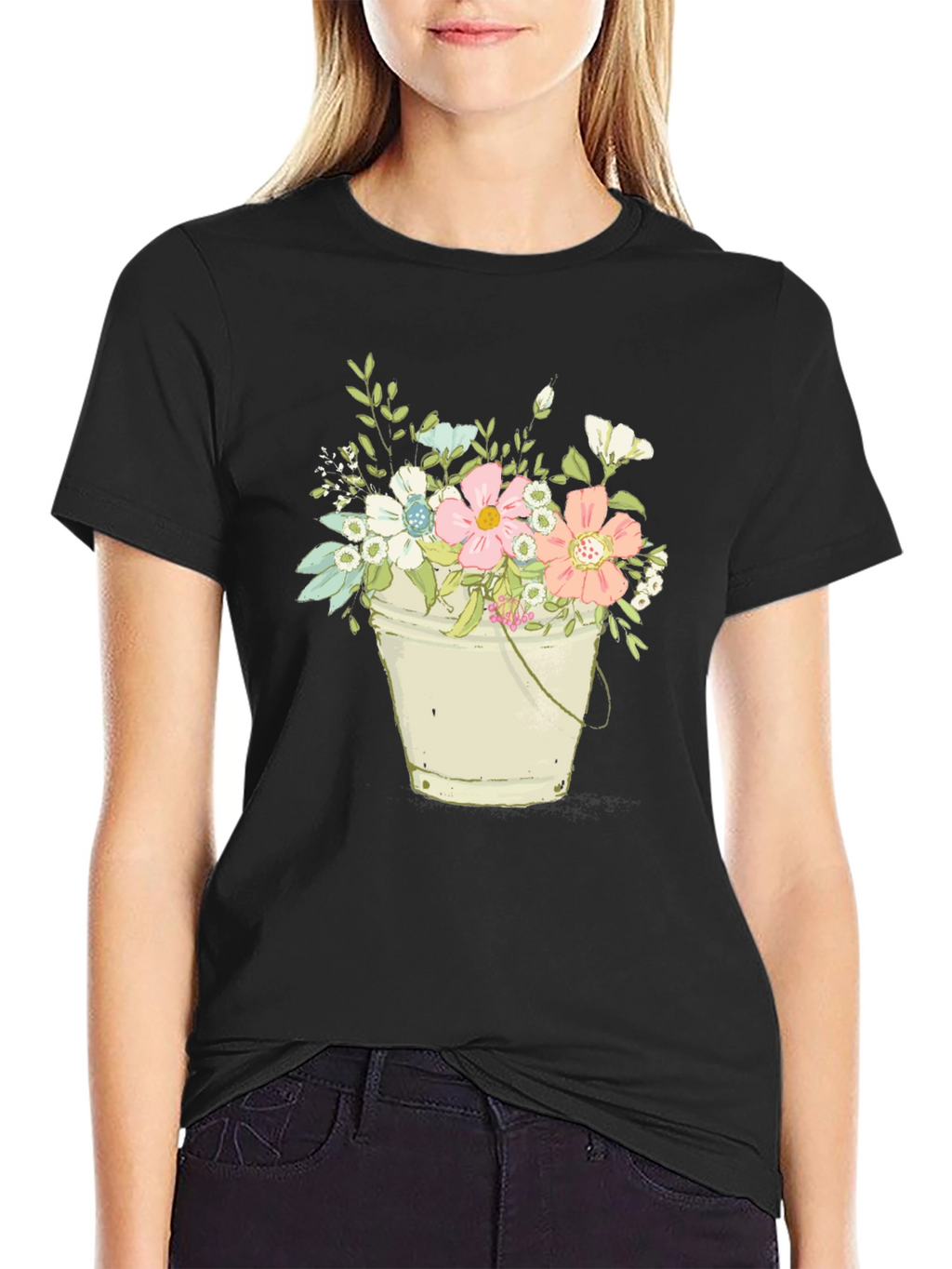 Floral Bucket T-Shirt - Black Graphic Tee