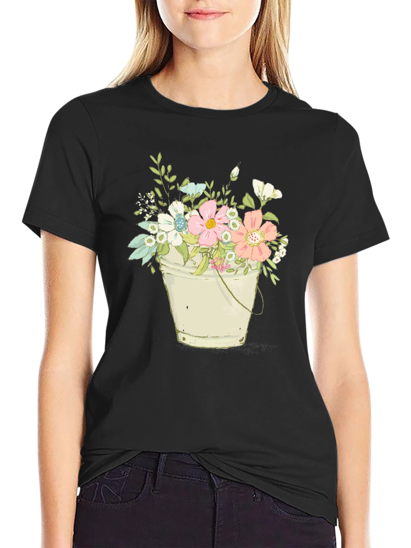Floral Bucket T-Shirt - Black Graphic Tee