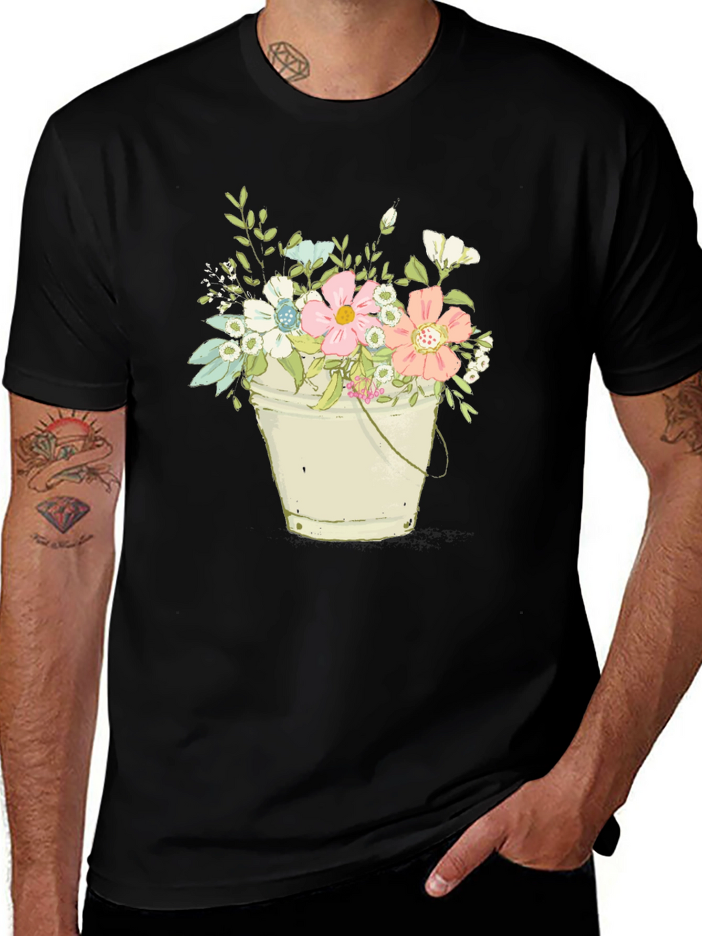 Floral Bucket T-Shirt - Black Graphic Tee