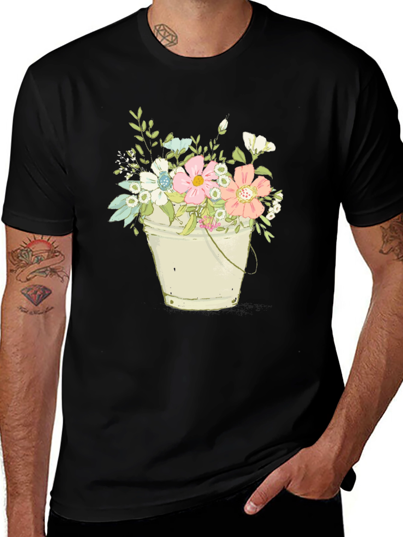 Floral Bucket T-Shirt - Black Graphic Tee