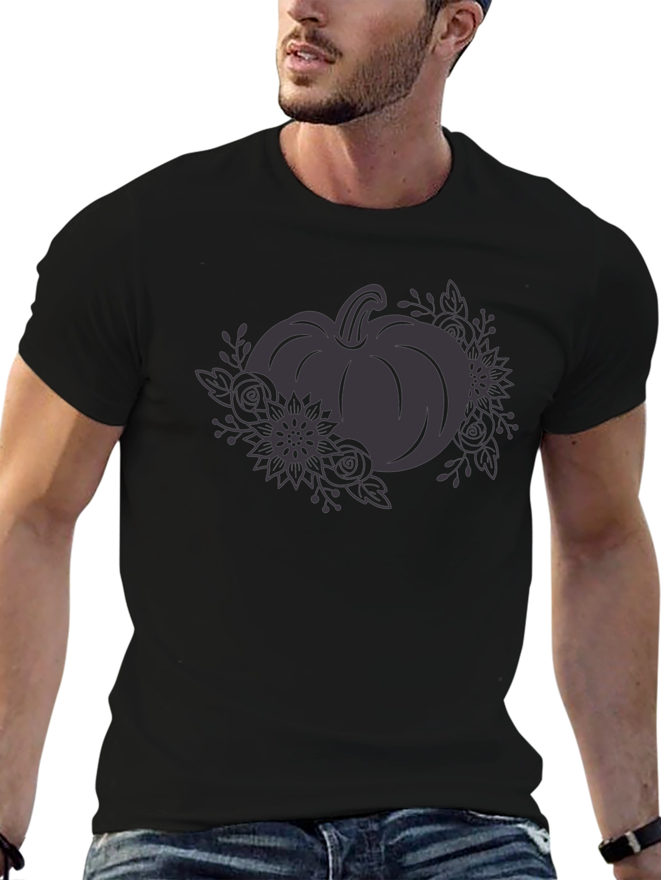 Floral Pumpkin Graphic Tee - Black Cotton