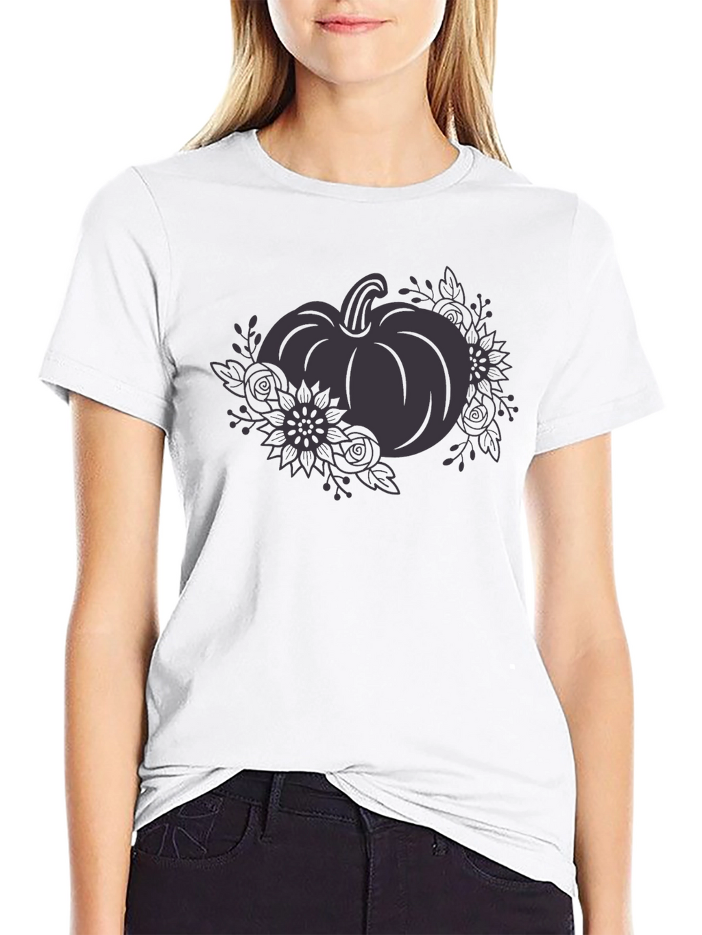 Floral Pumpkin Graphic Tee - Black Cotton