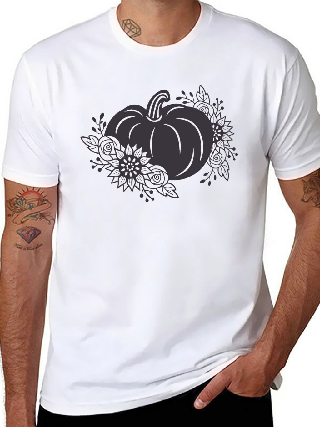 Floral Pumpkin Graphic Tee - Black Cotton