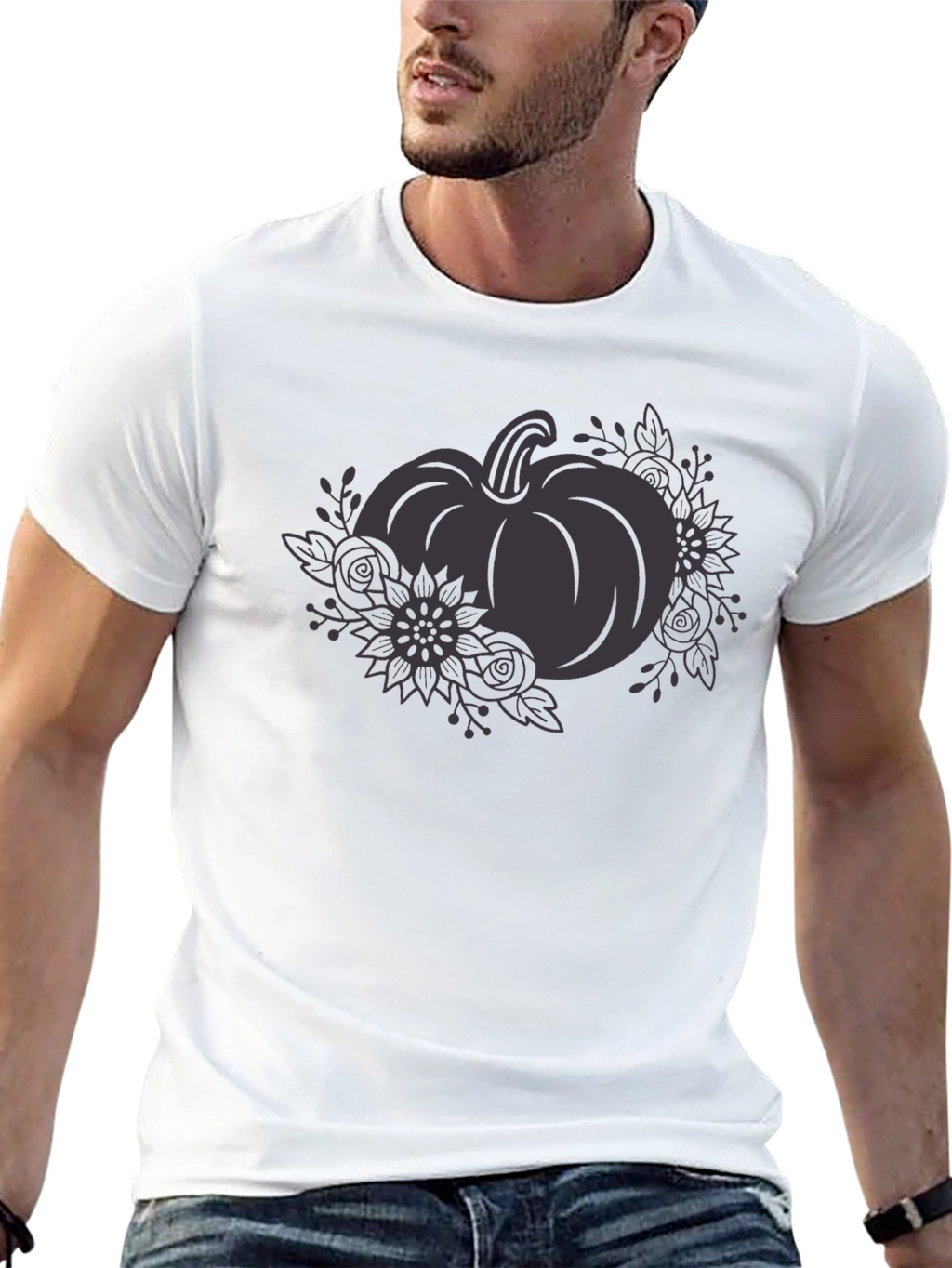 Floral Pumpkin Graphic Tee - Black Cotton