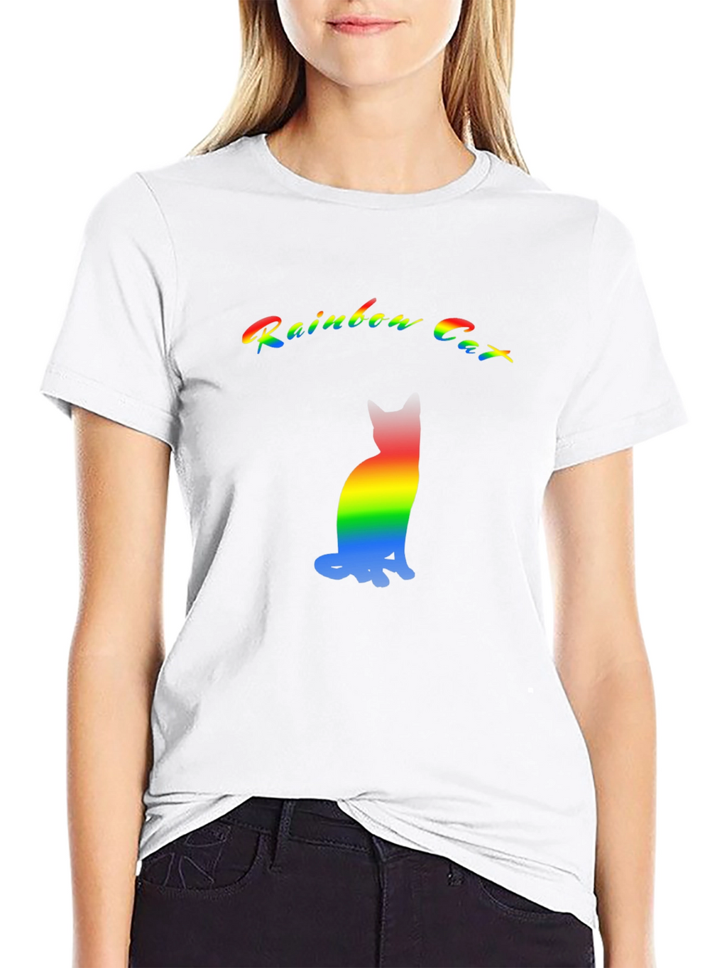 Rainbow Cat Graphic T-Shirt - Black Cotton Blend