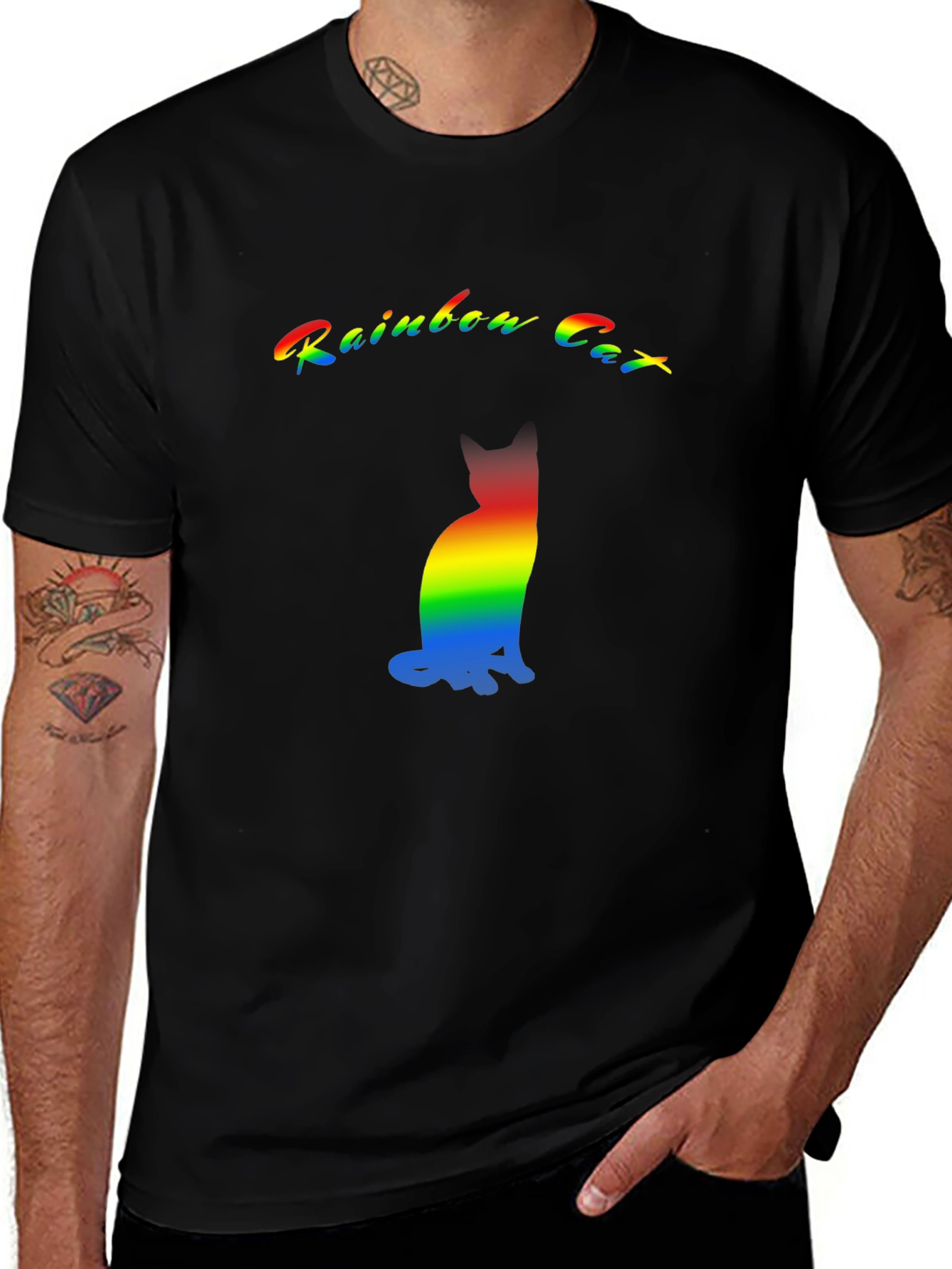 Rainbow Cat Graphic T-Shirt - Black Cotton Blend