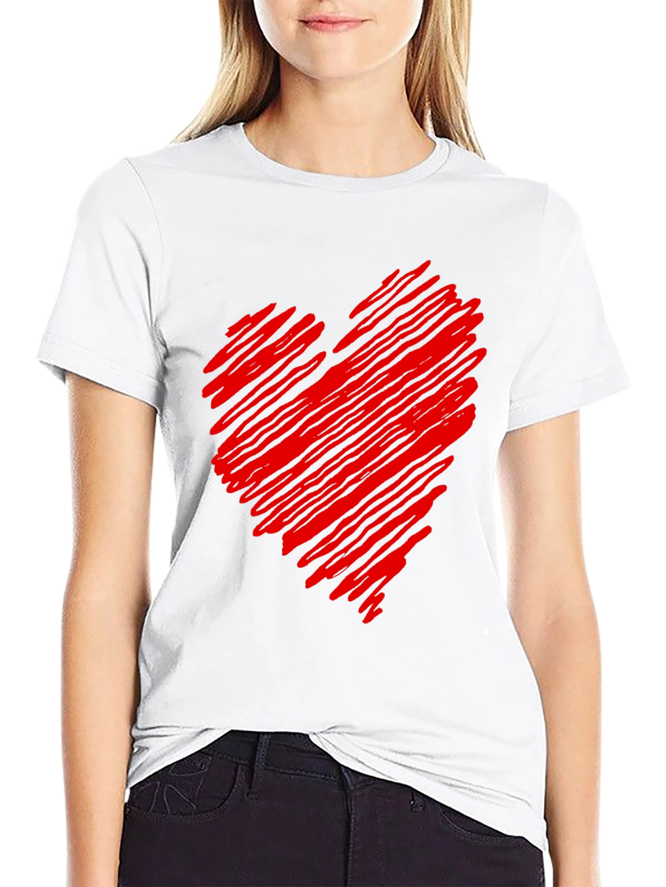 Red Scribbled Heart Black T-Shirt