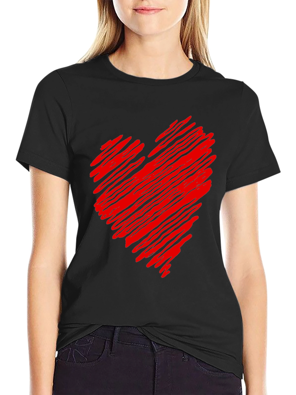 Red Scribbled Heart Black T-Shirt