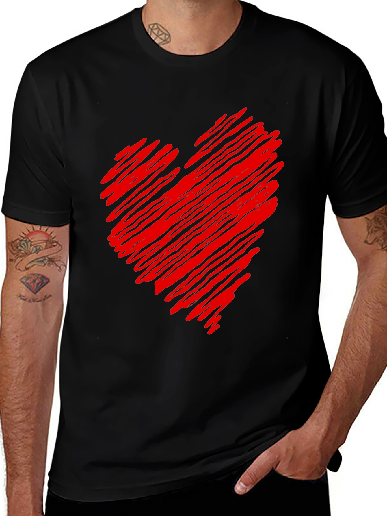 Red Scribbled Heart Black T-Shirt