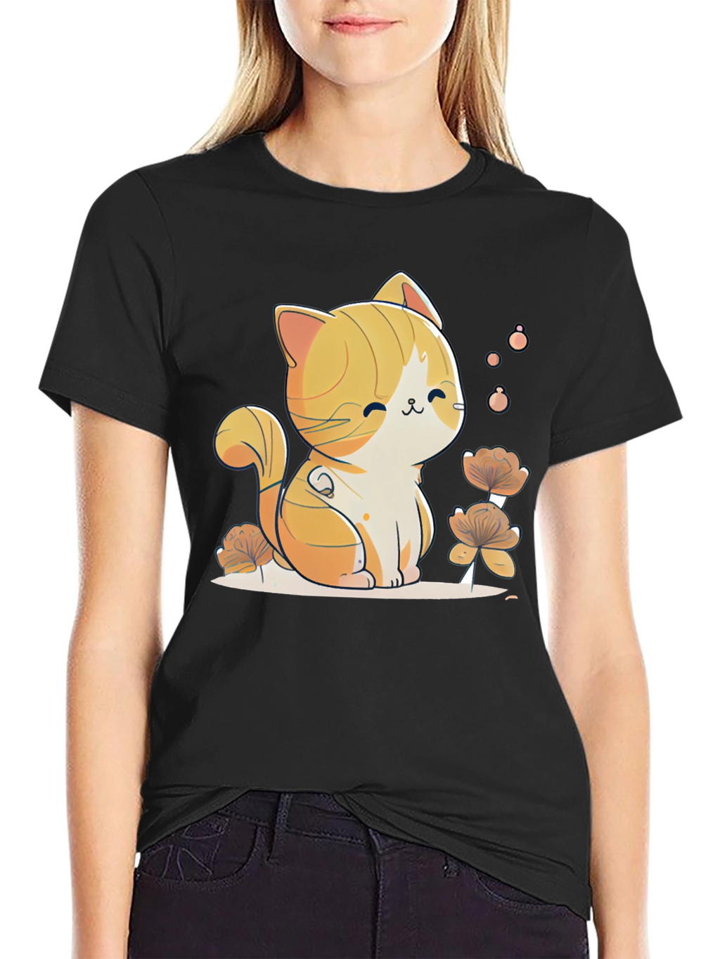 Cute Cat Graphic Tee - Black Cotton Comfort