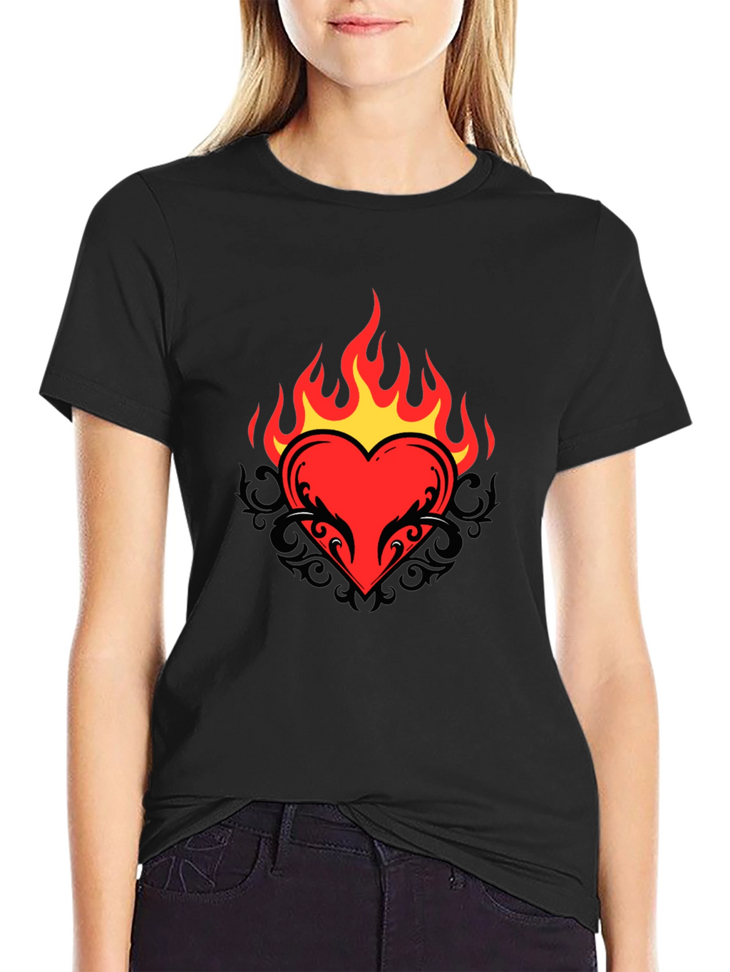 Flaming Heart Graphic Tee - Cool Black T-Shirt