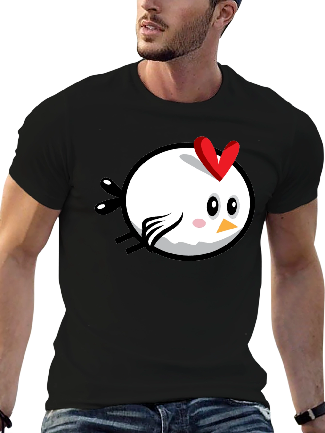 Cartoon Chicken Graphic Tee - Black Cotton T-Shirt
