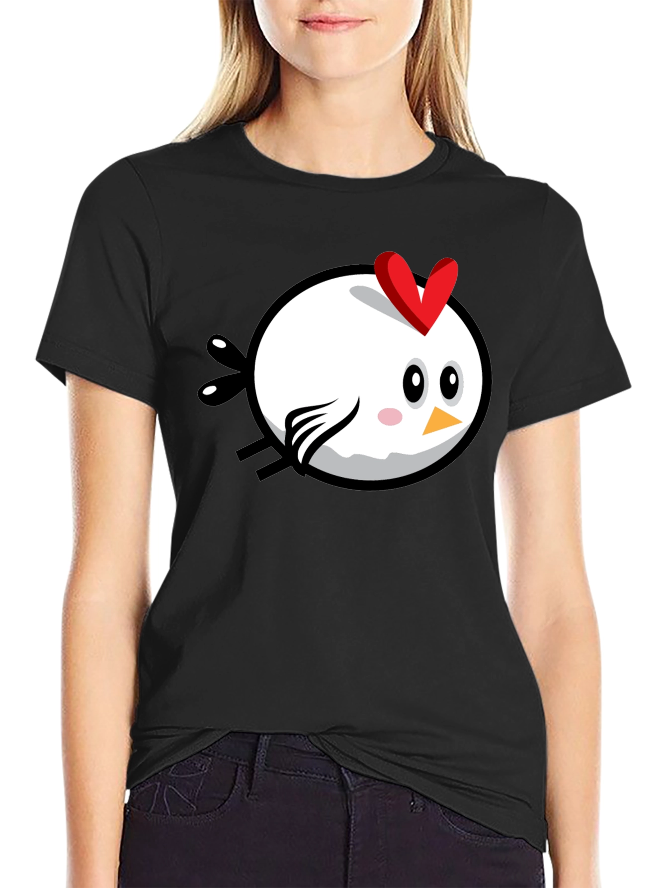 Cartoon Chicken Graphic Tee - Black Cotton T-Shirt