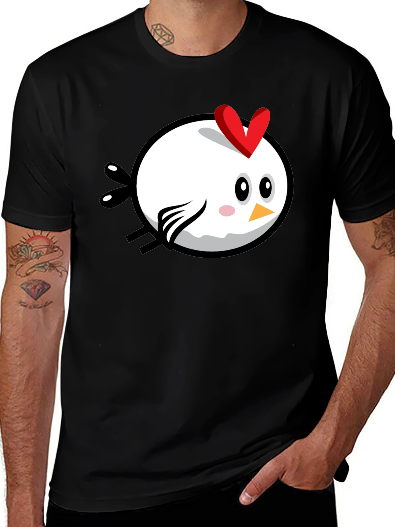 Cartoon Chicken Graphic Tee - Black Cotton T-Shirt