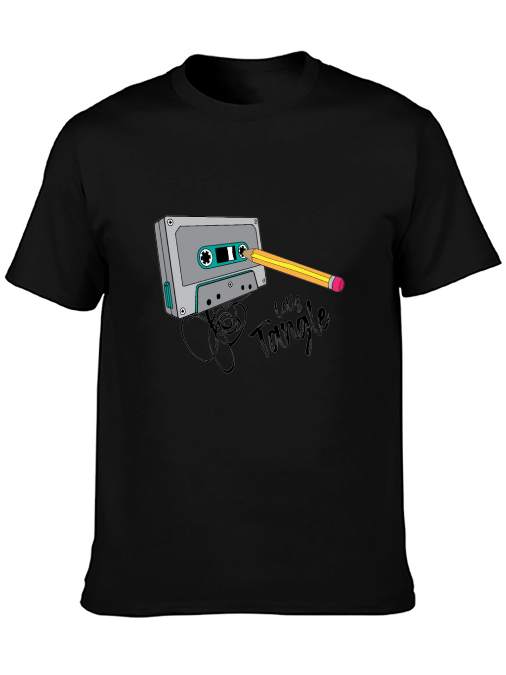 Retro Cassette Tape & Pencil Graphic T-Shirt - Black