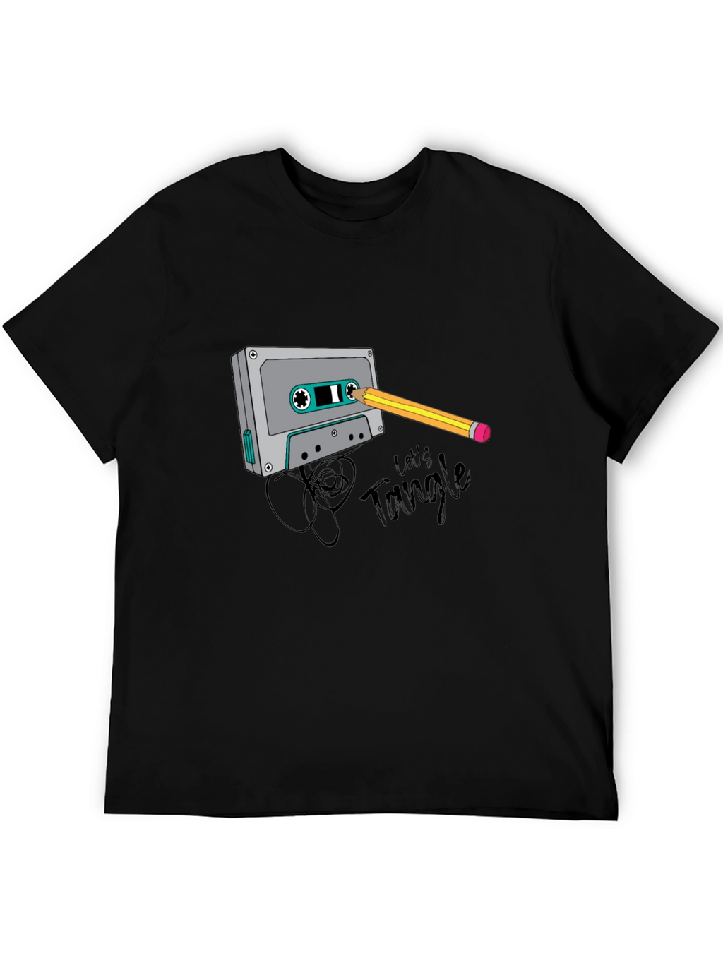 Retro Cassette Tape & Pencil Graphic T-Shirt - Black