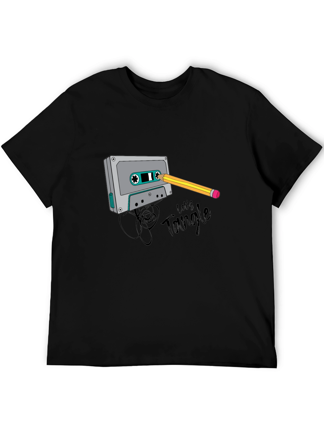 Retro Cassette Tape & Pencil Graphic T-Shirt - Black