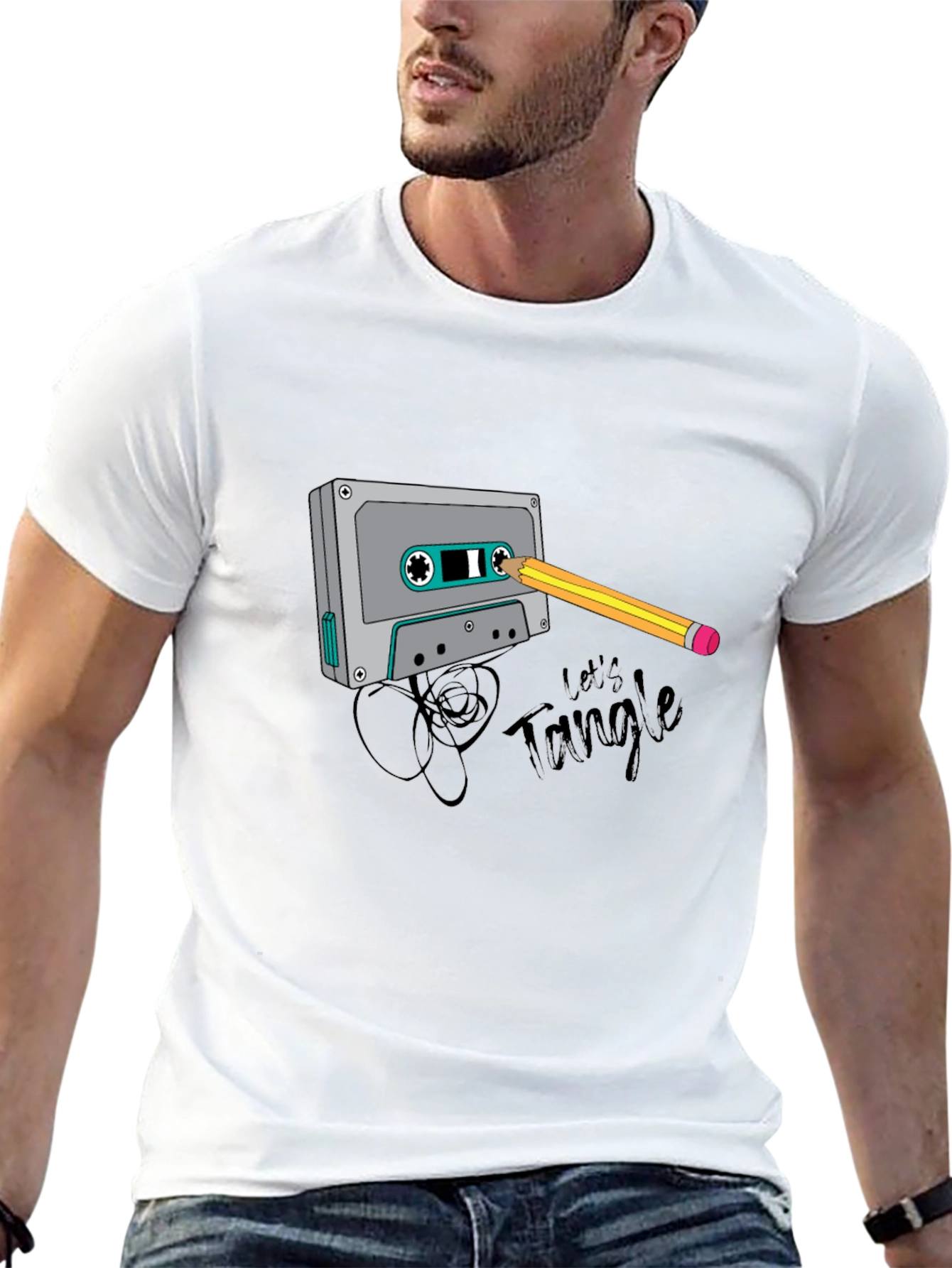 Retro Cassette Tape & Pencil Graphic T-Shirt - Black