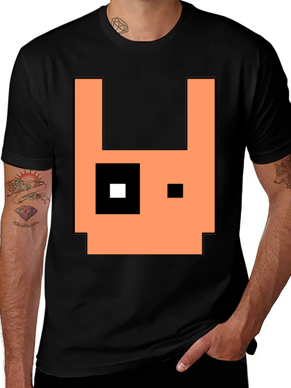 Pixel Art Rabbit Graphic Tee - Black Cotton