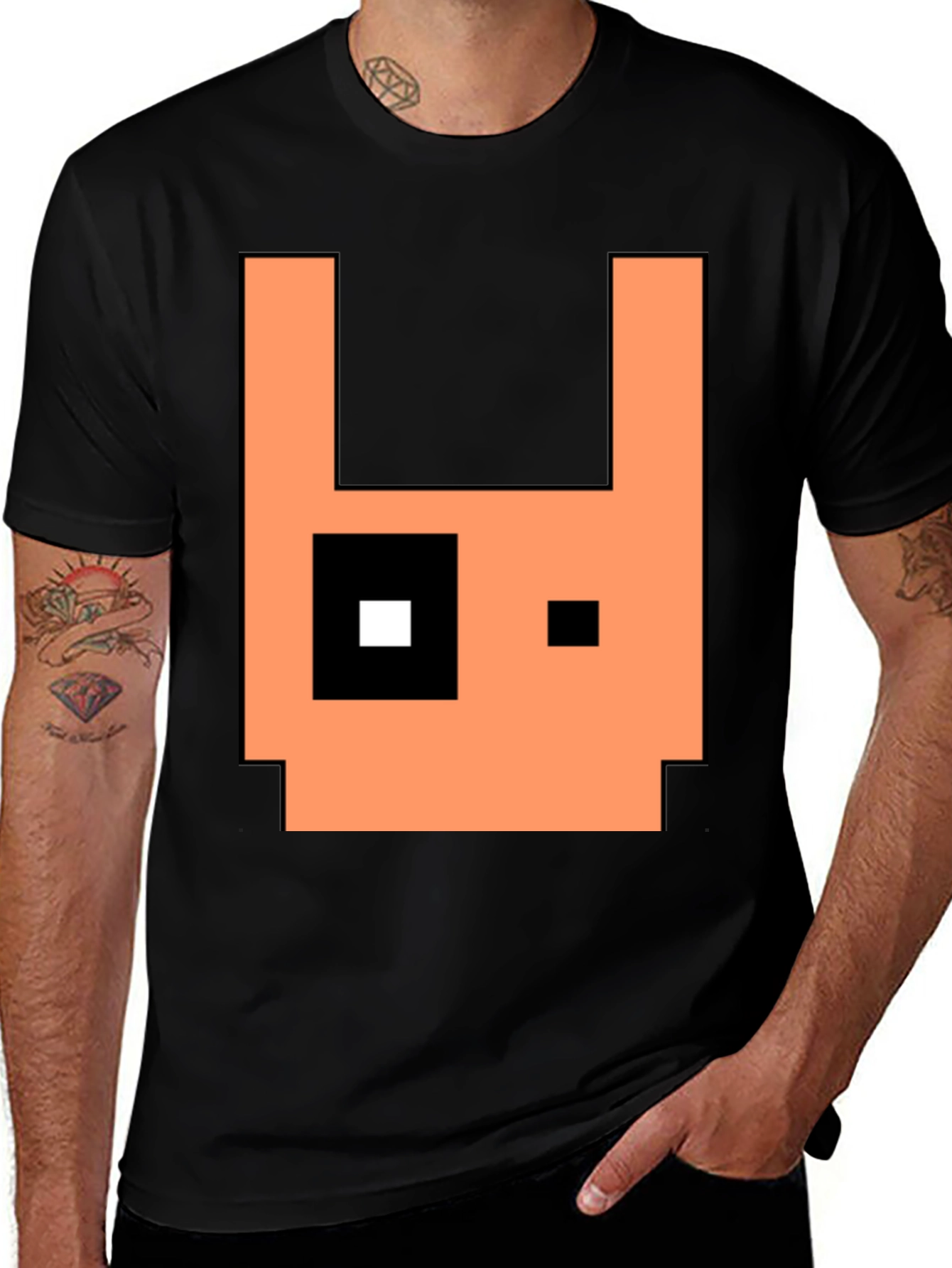Pixel Art Rabbit Graphic Tee - Black Cotton