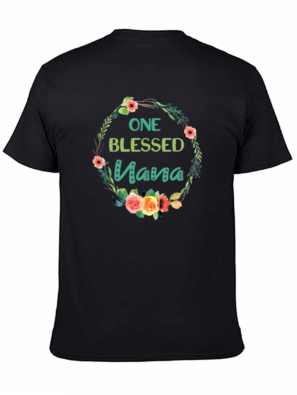 One Blessed Nana Floral Wreath Black T-Shirt