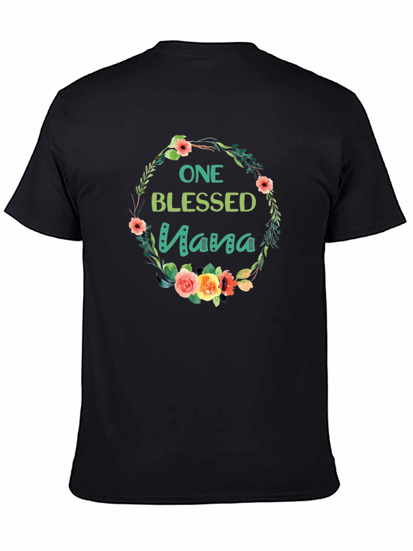 One Blessed Nana Floral Wreath Black T-Shirt