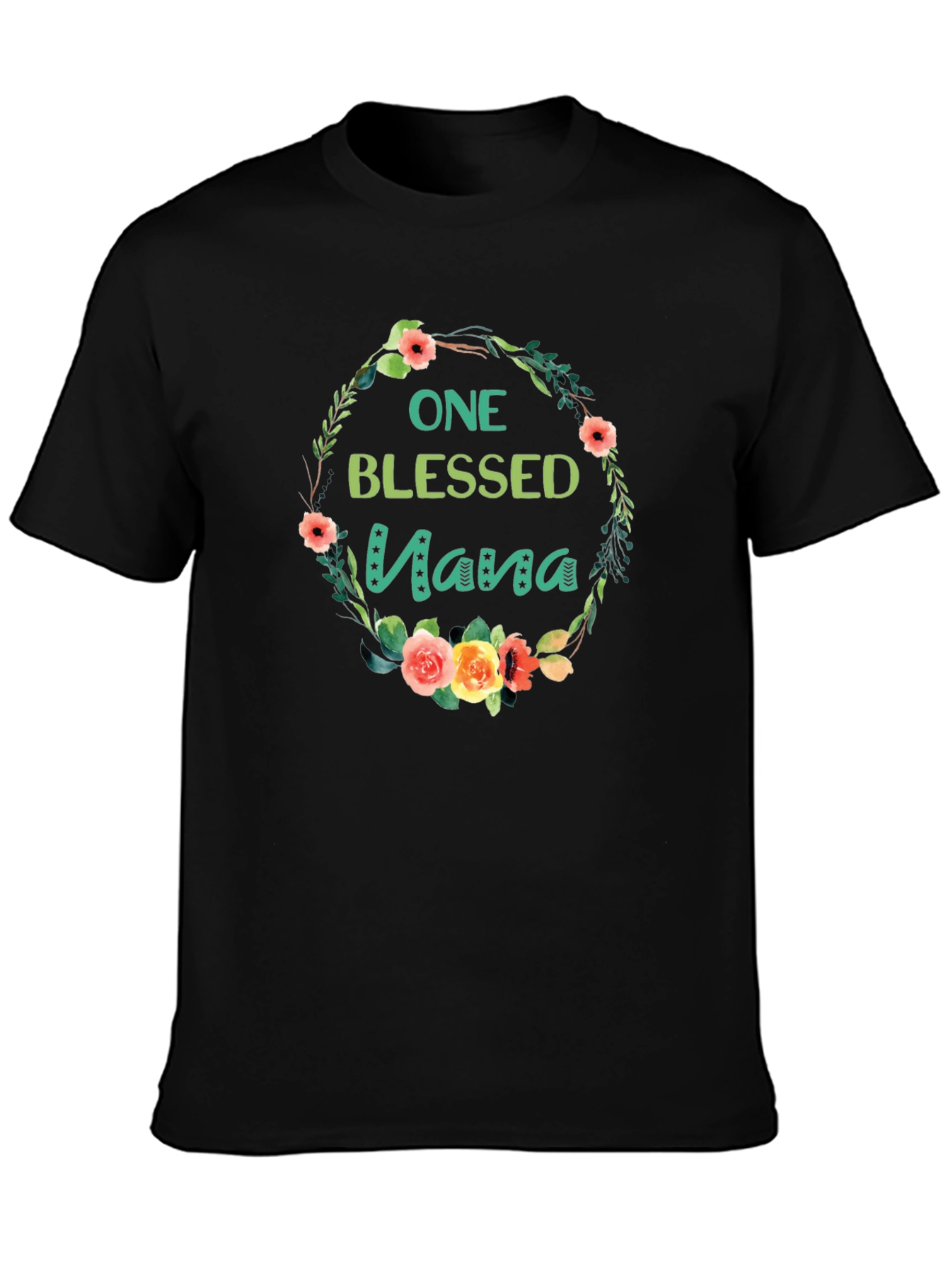 One Blessed Nana Floral Wreath Black T-Shirt
