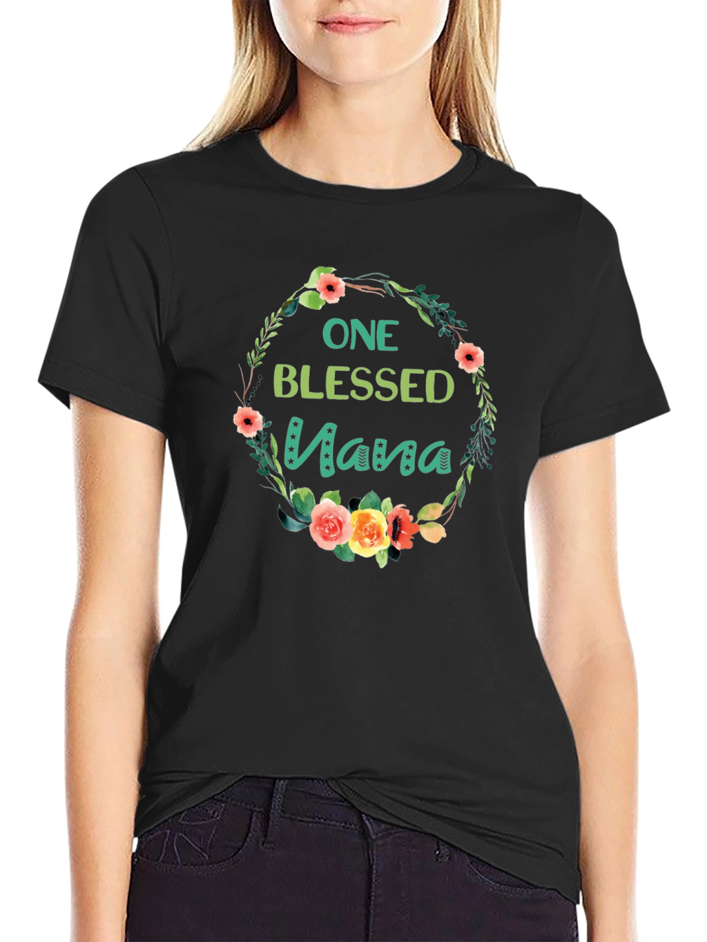 One Blessed Nana Floral Wreath Black T-Shirt