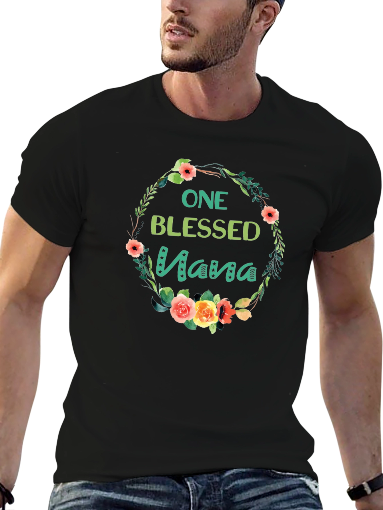 One Blessed Nana Floral Wreath Black T-Shirt