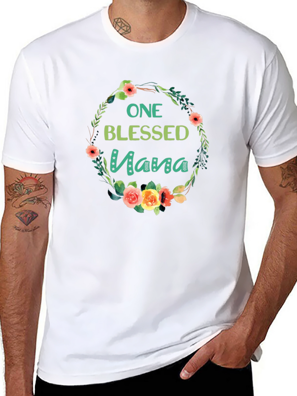 One Blessed Nana Floral Wreath Black T-Shirt