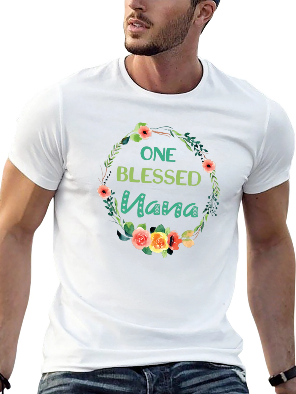 One Blessed Nana Floral Wreath Black T-Shirt