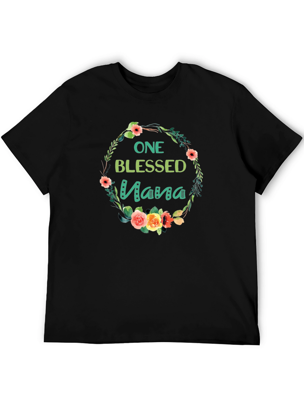 One Blessed Nana Floral Wreath Black T-Shirt