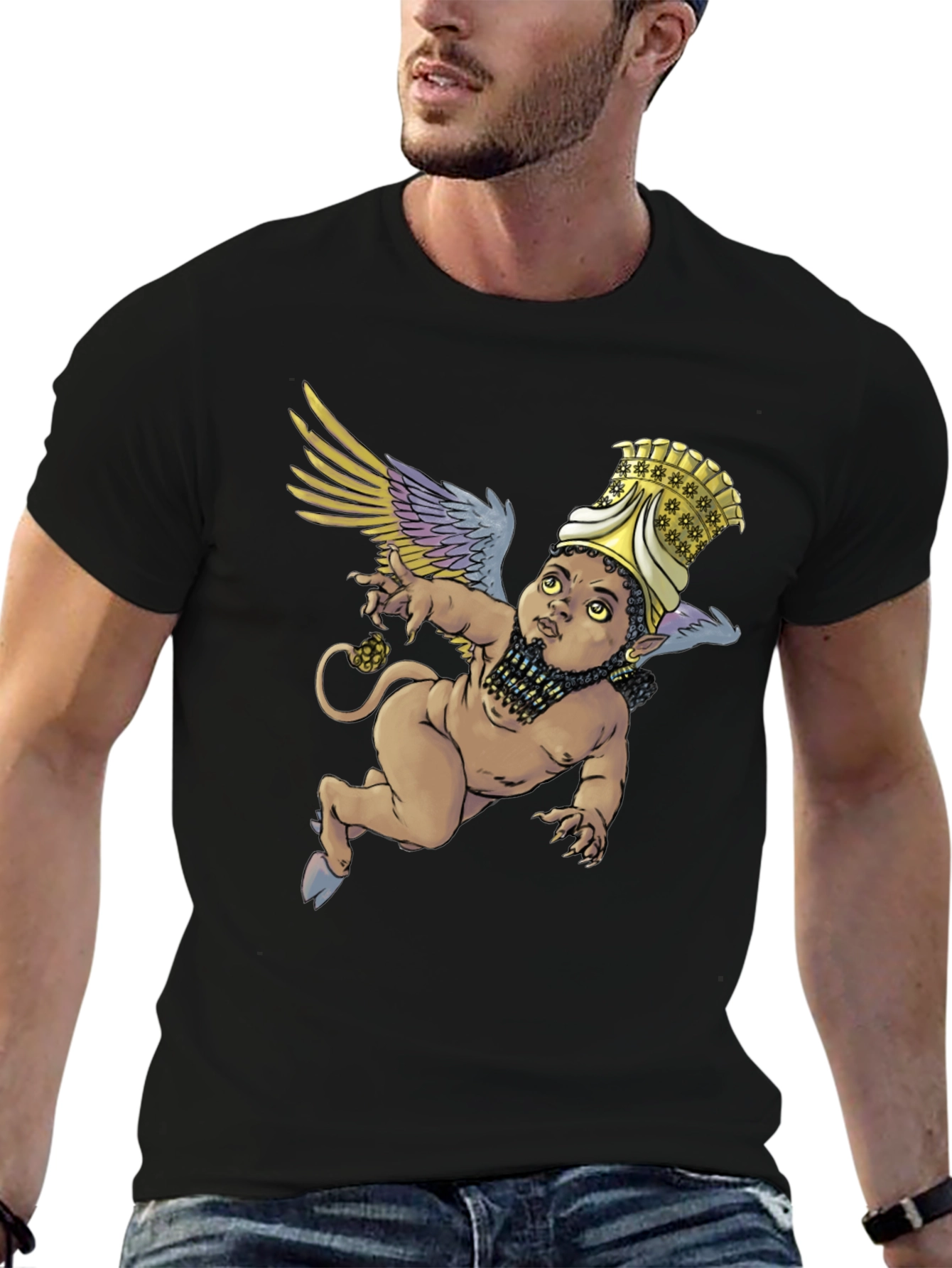 Winged Deity Graphic Tee - Unique Black T-Shirt