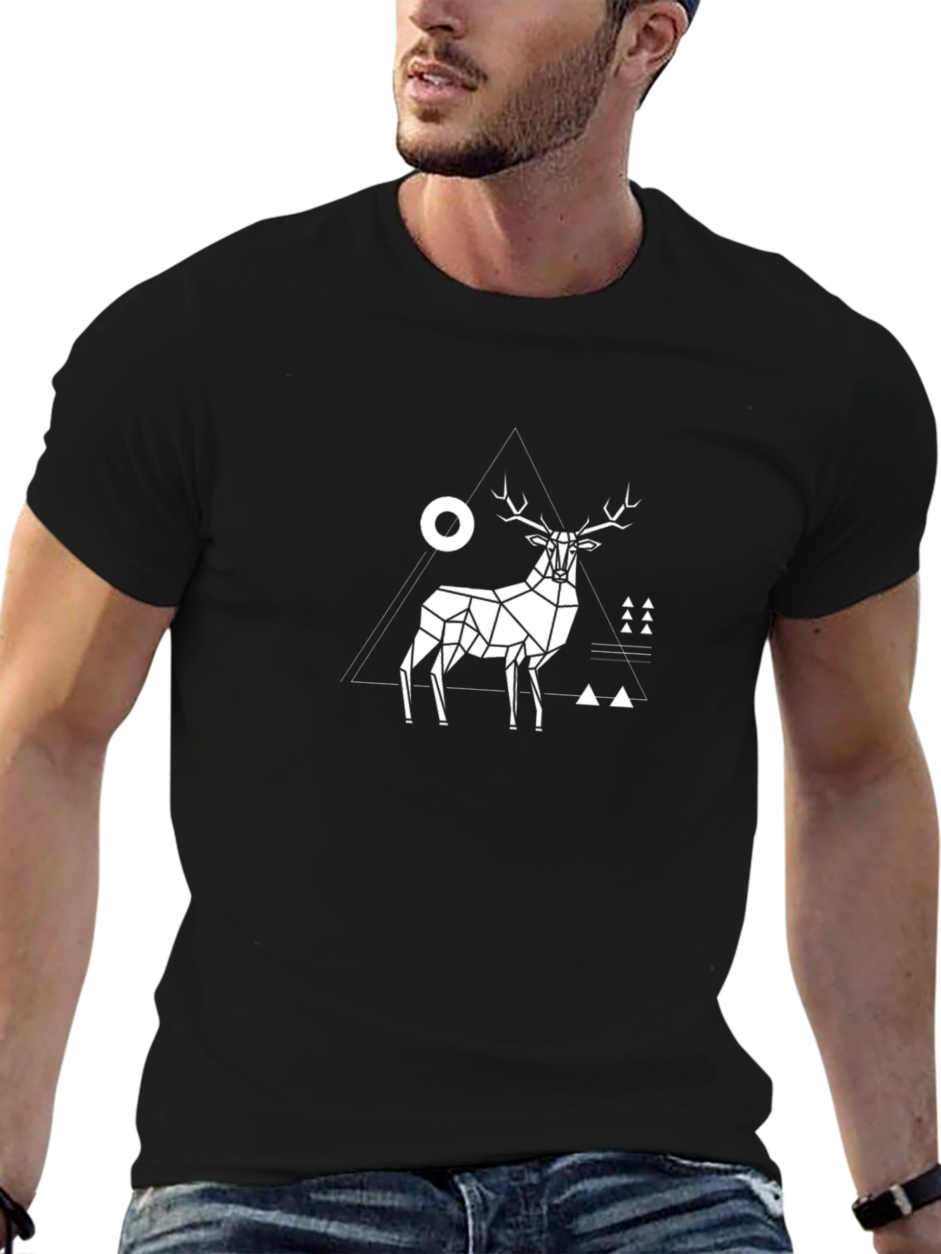 Geometric Deer Graphic Tee - Modern Black T-Shirt