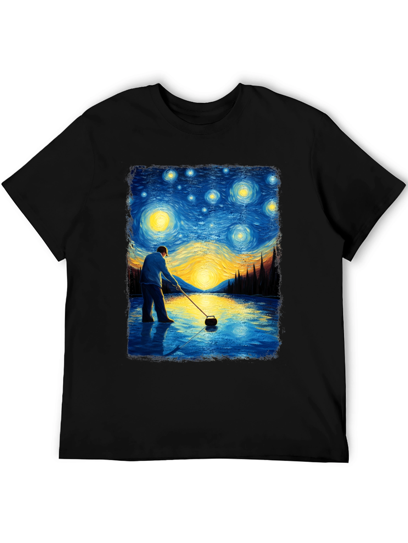 Starry Night Curling T-Shirt - Artistic Black Tee