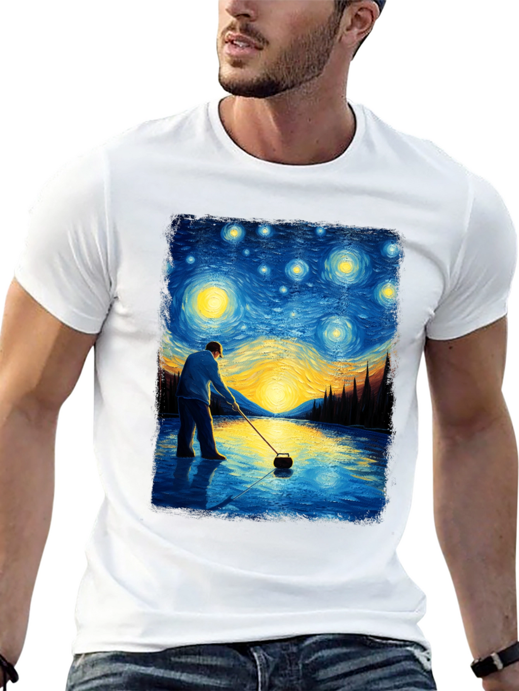 Starry Night Curling T-Shirt - Artistic Black Tee