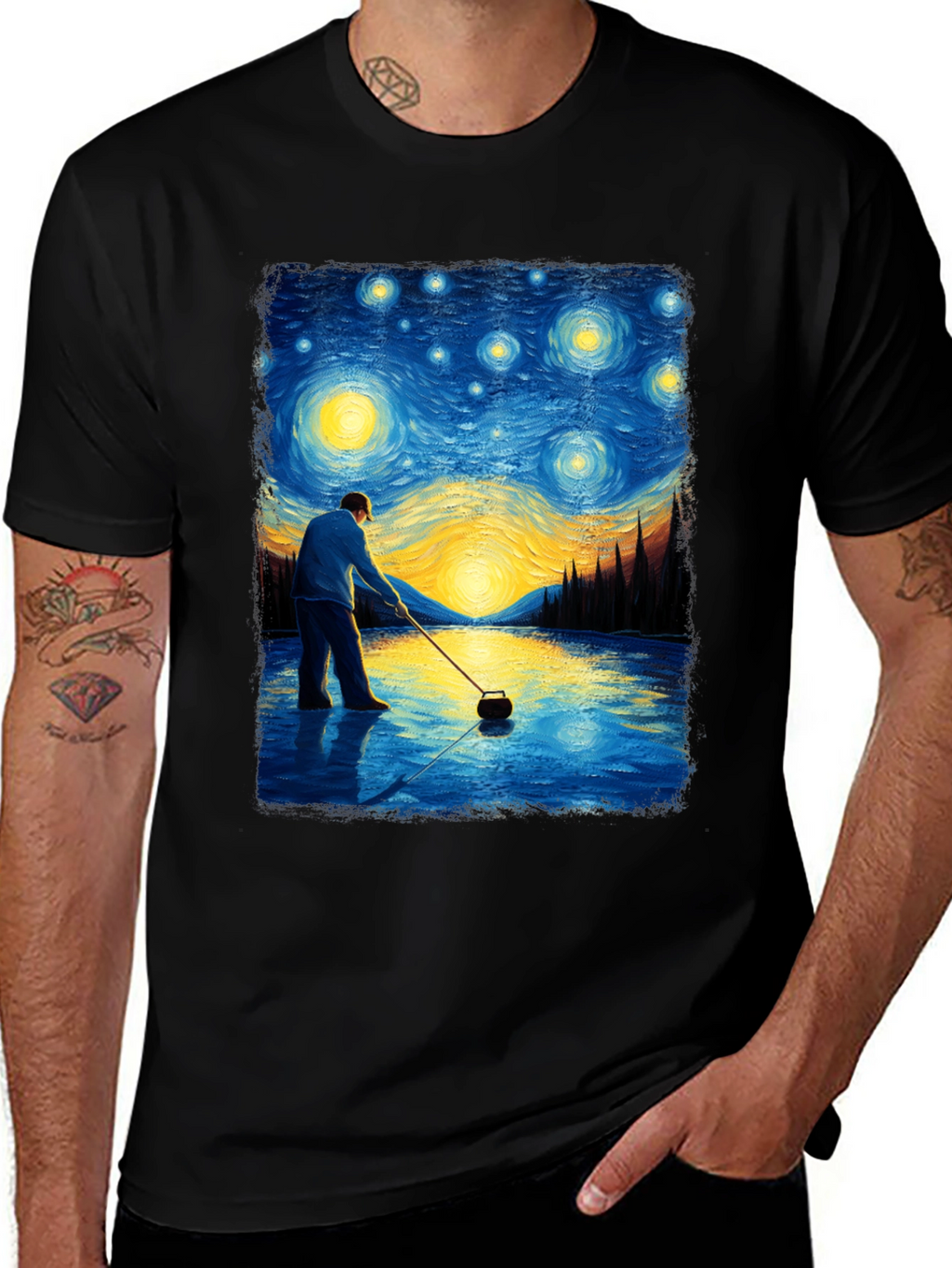 Starry Night Curling T-Shirt - Artistic Black Tee